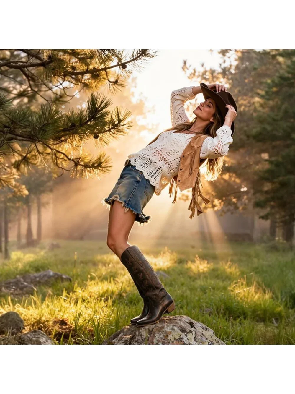 Women's Chocolate Knee High Cowgirl Boots Pointed Toe Slip On Chunky Heel